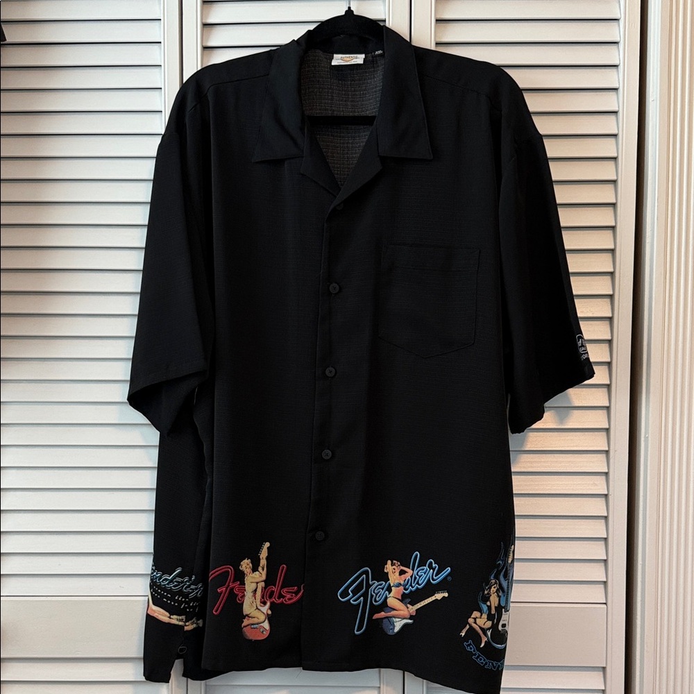 Hard Rock Cafe New Orleans, Fender Black Casual Button Down Shirt with Pinups